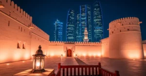 Qasr Al Hosn heritage fort at night with modern city skyline during Abu Dhabi City Tour in Ramadan 2026.