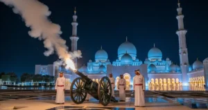Iftar cannon firing at sunset with the illuminated Sheikh Zayed Grand Mosque in the background during Abu Dhabi City Tour in Ramadan 2026